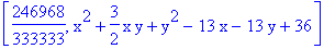 [246968/333333, x^2+3/2*x*y+y^2-13*x-13*y+36]